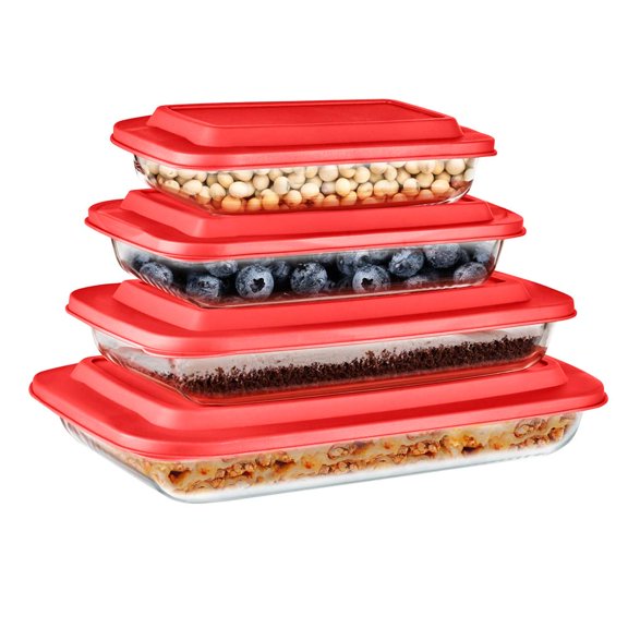 SereneLife Rectangular Glass Bakeware Set - 4 Sets of High Borosilicate with PE Lid, Heat-Resistant, Non-Slip Design, Convenient to Use & Easy to Clean, Elegant Design, Color Red