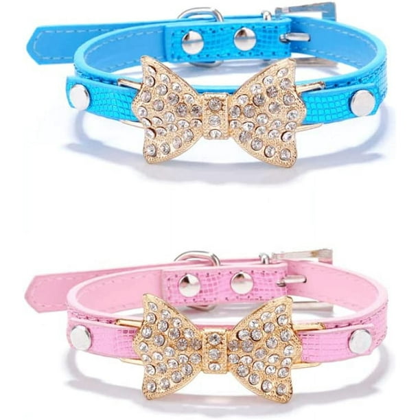 2 collares para gatos (rosa+azul, 30*1,5CM), con lazos de diamantes brillantes. Collar para gatos con lazo de diamantes ajustable para gatitos. Lazos de diamantes para perros y mascotas.