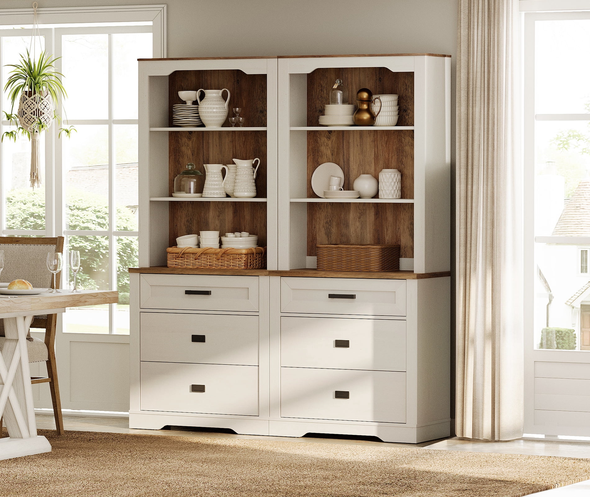 WAMPAT 2 Column 3 Tier Bookcase with Drawer,73.3" Tall Floor Standing Bookshelf,Modern Farmhouse Display Storage Cabinet with Adjustable Shelves,Rustic White