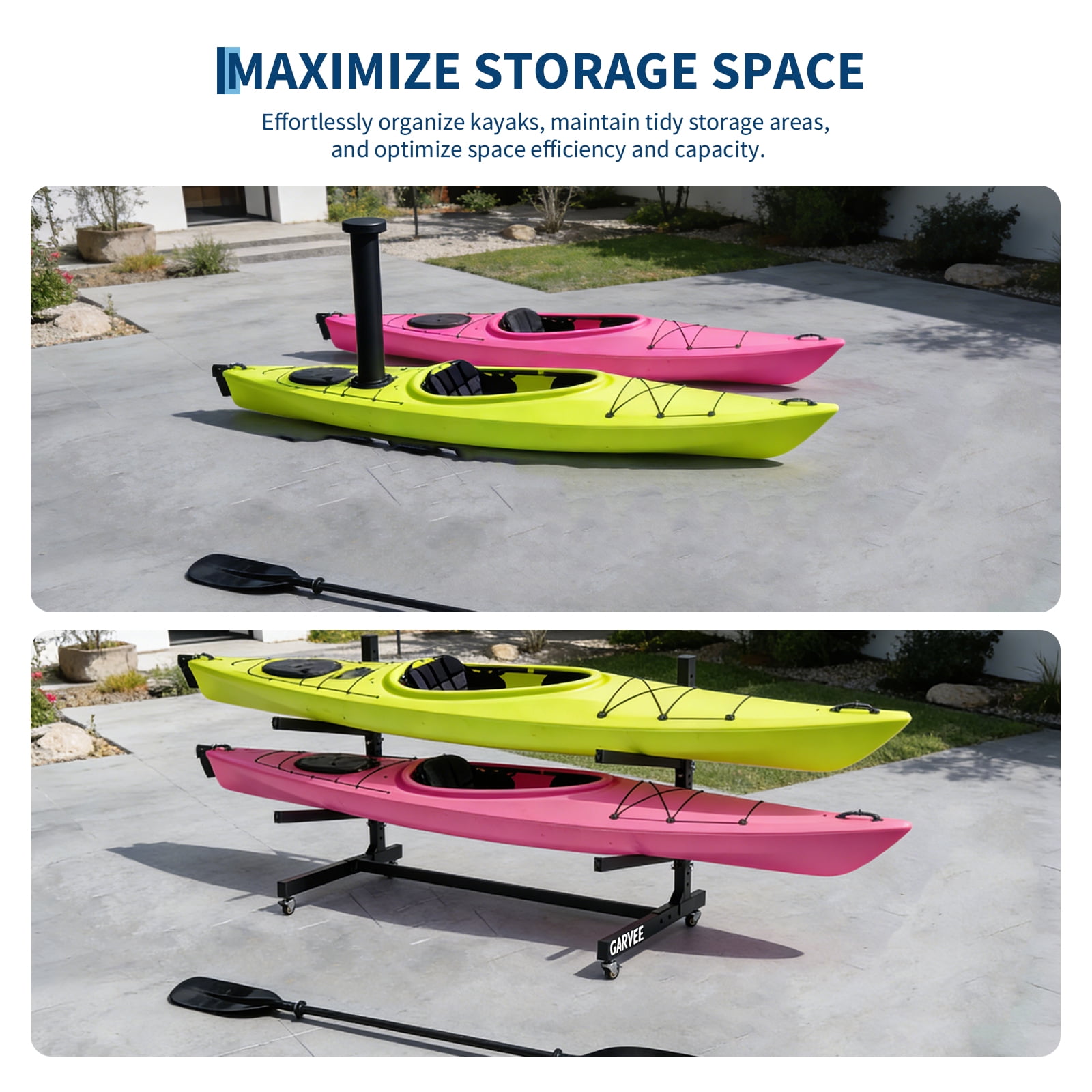 Heavy Duty 2-Tier Freestanding Kayak Storage Rack with Adjustable Wheels – Metal Stand Compatible with Kayaks, Canoes, SUPs, Surfboards – Indoor/Outdoor Garage Organizer, Portable, Rust-Resistant,
