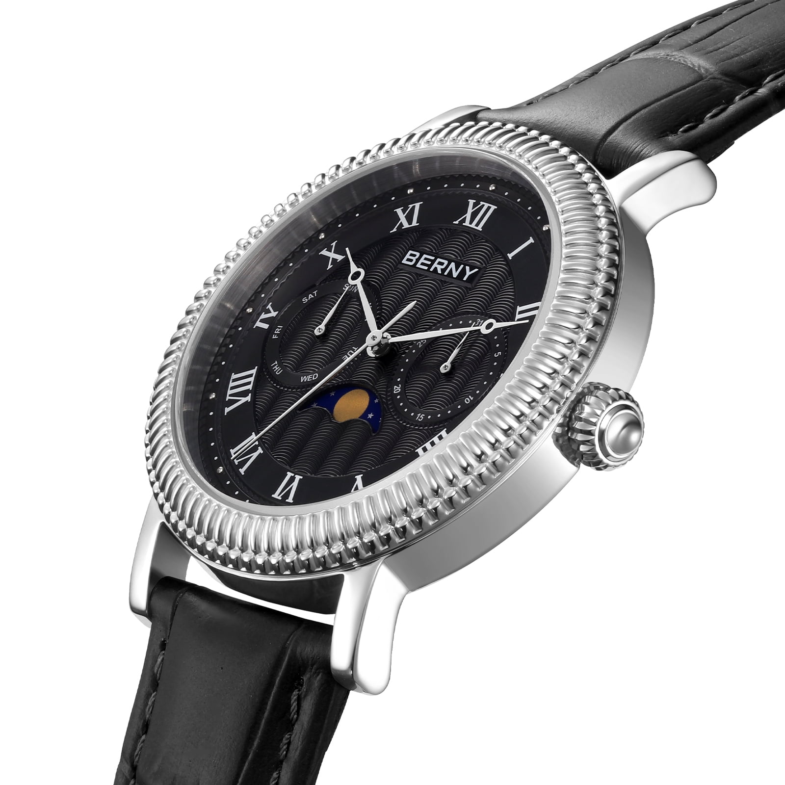 BERNY Mens Leather Watch, Vintage Roman Numerals Moon Phase Dress Watch with Day & Date, Stainless Steel, Sapphire Crystal, Waterproof, Fashion Luxury Analog Quartz Wrist Watches for Men (Silver)