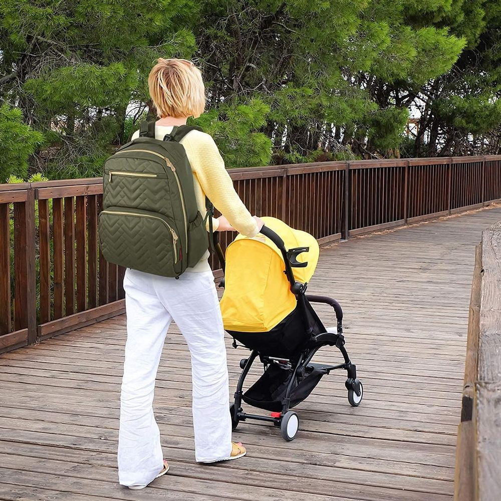 Fisher-Price 17”L Signature Morgan Quilted Multi-Pocket Diaper Bag Backpack with Matching Changing Pad, Insulated Bottle Pocket, Tablet Pocket and Stroller Straps in Olive Green
