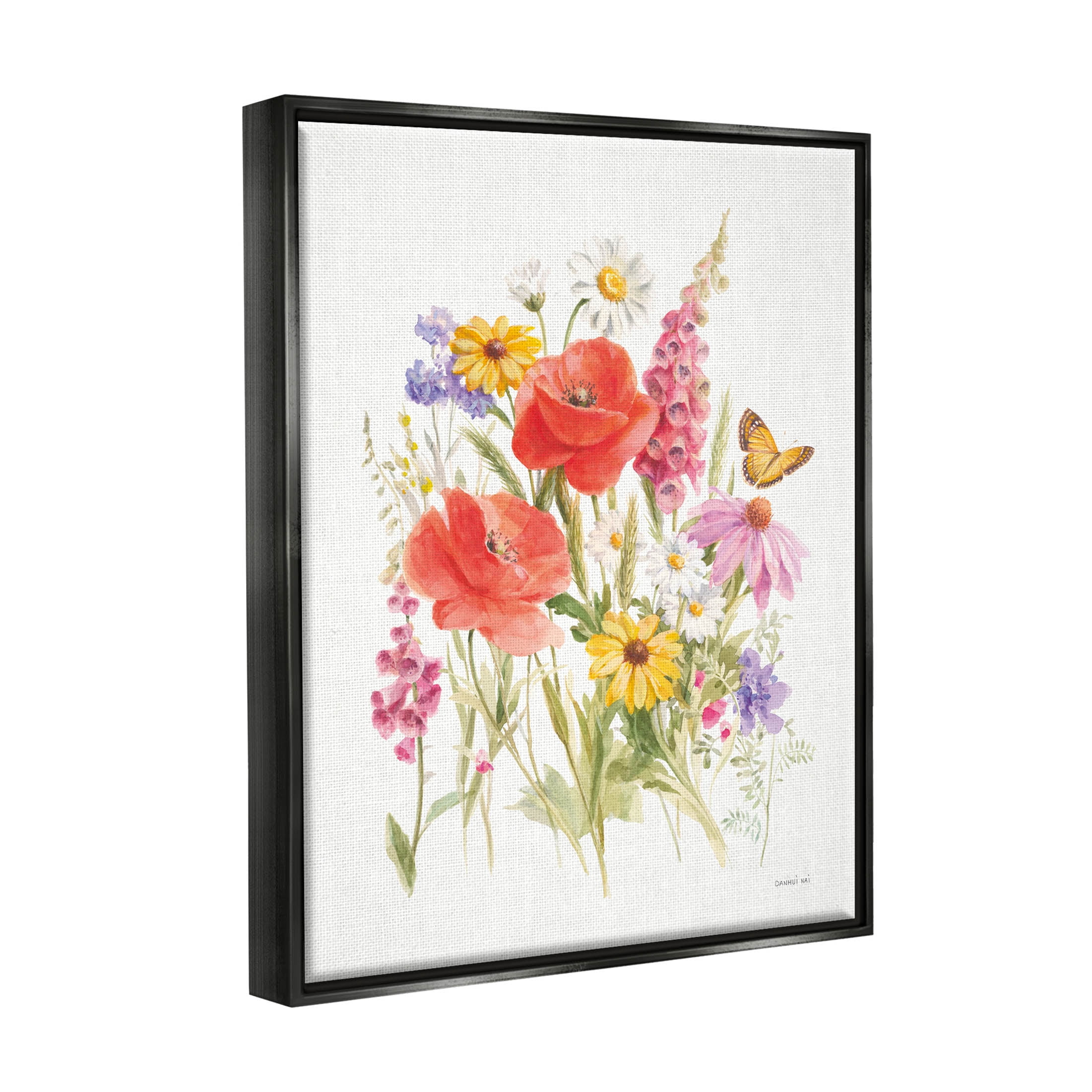Stupell Industries Mixed Flower Arrangement Butterfly Graphic Art Jet Black Floating Framed Canvas Print Wall Art, Design by Danhui Nai
