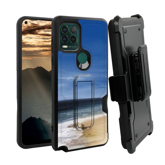 ANJ  Rugged Shockproof Holster Case w/Card Slot, Kickstand   Tempered Glass for Motorola Moto G Stylus 5G - Ocean Horizon
