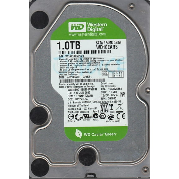 WD10EARS-22Y5B1, DCM HBNNHT2MAB, Western Digital 1TB SATA 3.5 Hard Drive