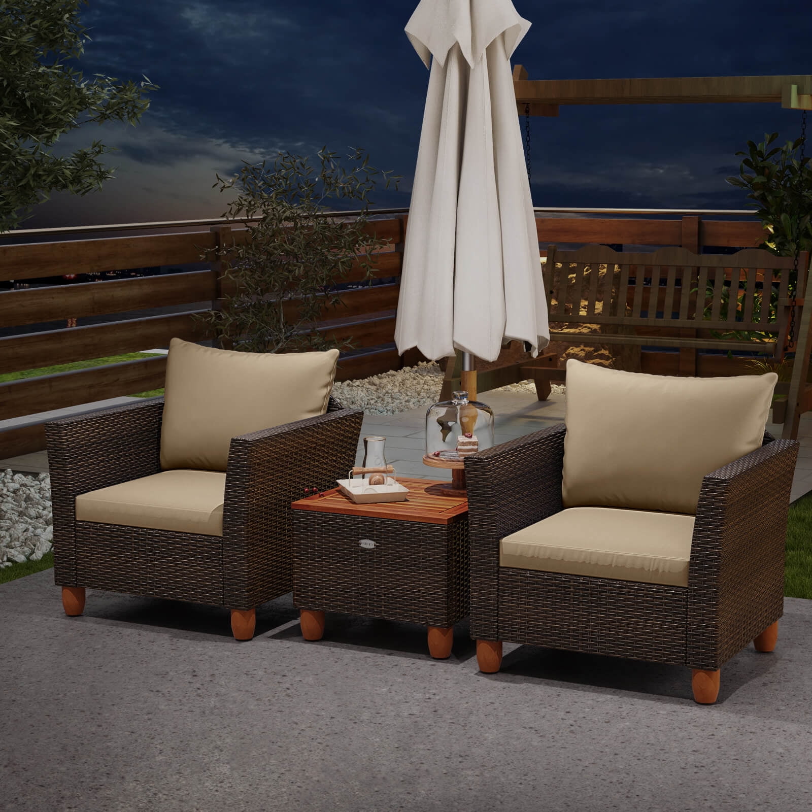 Costway 3PCS Patio Wicker Rattan Sofa Set Furniture Outdoor Acacia Wood Conversation Brown