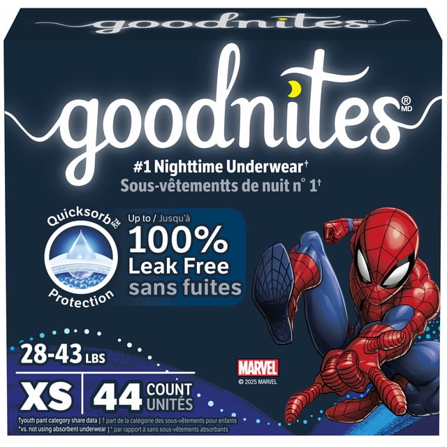 Goodnites Boys' Nighttime Bedwetting Underwear, Size XS (28-43 lbs), 44 Ct