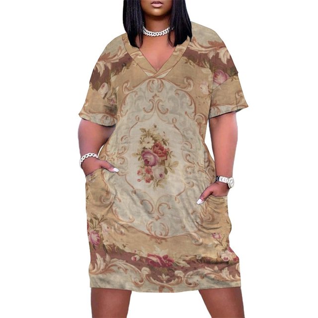 Vestido playero holgado con estampado floral de Aubusson francés en rosa antiguo y bolsillos para mujer 2025