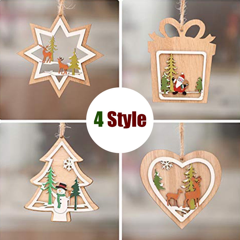12 Pcs Christmas Wood Chip Tree Ornaments Xmas Hanging Pendant Home Decor Gifts 