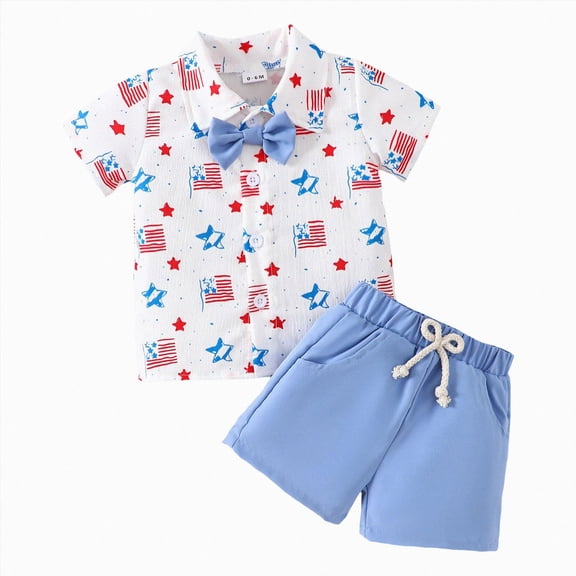 Boy 4th of July Outfits Toddler Boy Clothing Sets Stylish Flag & Star Print Button Down Shirt with Bow Tie & Shorts 2-Piece Outfit