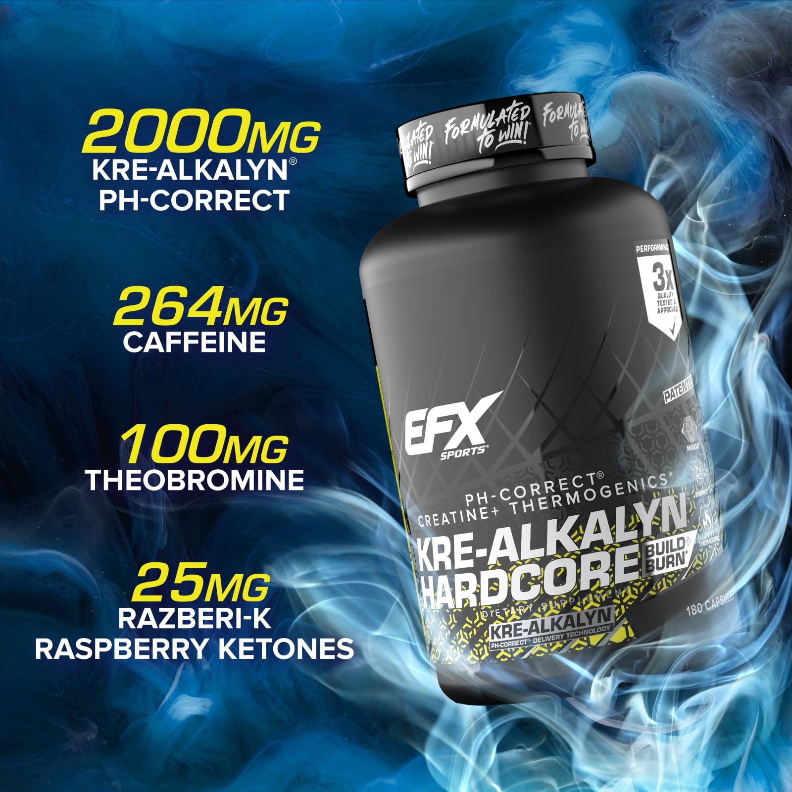 EFX Sports Kre-Alkalyn Hardcore , Thermogenic pH Correct Creatine Monohydrate Pill Supplement , Energy & Strength Pre Workout , 60 Servings, 180 Capsules 180 Count (Pack of 1)