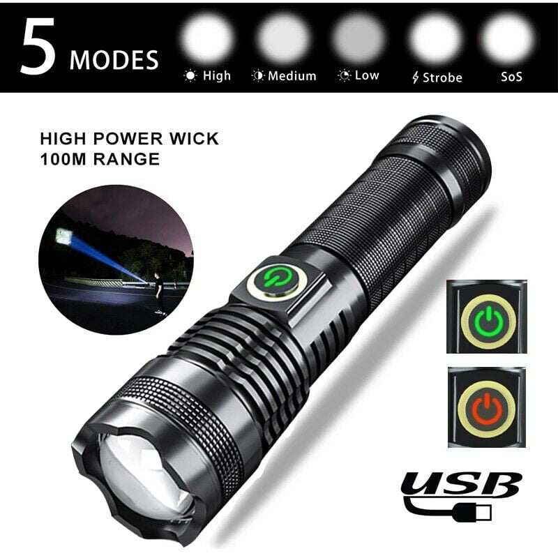 200000LM XHP70 LED Flashlight Rechargeable Telescopic Zoom Waterproof Camping Fl 