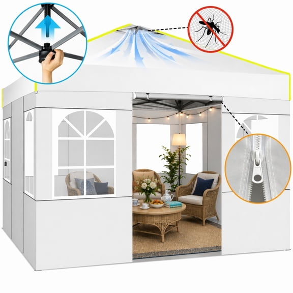 COBIZI 10x10 Pop Up Canopy Tent with 4 Sidewalls, Mesh Air Vents, Double-Zipper Roll-Up Doors, One-Push Setup, 3 Heights, Waterproof UPF 50 , Glow Strips, Carry Bag, Sandbags, Stakes & Ropes, White