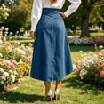 thumbnail image 4 of Women's Asymmetrical Wrap Hem A-Line Denim Skirt Stretch High Waist Elegant Swing Business Casual Jean Skirts, L, 4 of 5
