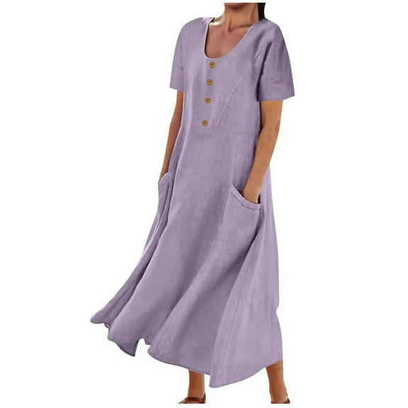 UHUYA Womens 2023 Summer Dress Casual Flutter Short Sleeve Round Neck Solid Color Dress Beach Maxi Sundress with Pockets Purple S US:4
