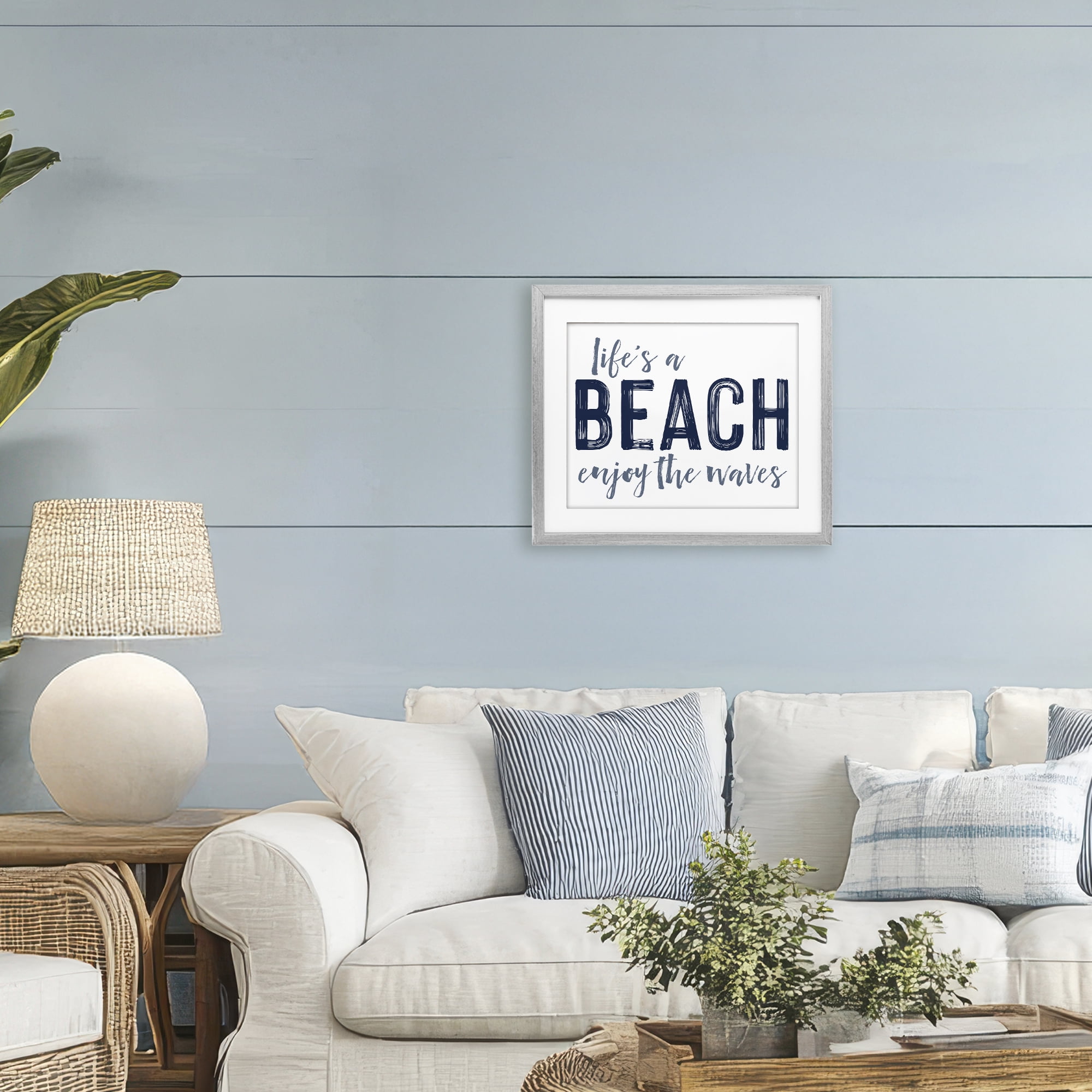 Summer Sentiment Enjoy Waves Gray Framed Print Under Glass, design by Lettered and Lined
