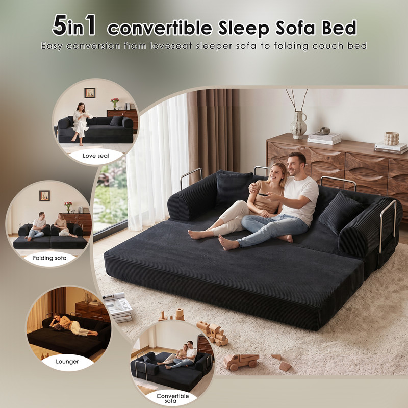 Anpport 78.8" Compression Boneless Sectional Sofa, Convertible Floor Sleeper Bed with Pillow Back Armrest, Corduroy Fabric, Black, for Living Room Bedroom