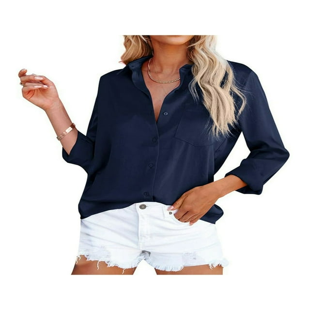Women Button Down Satin Shirts Long Sleeve Lapel Solid Color Relaxed Fit Office Work Blouse