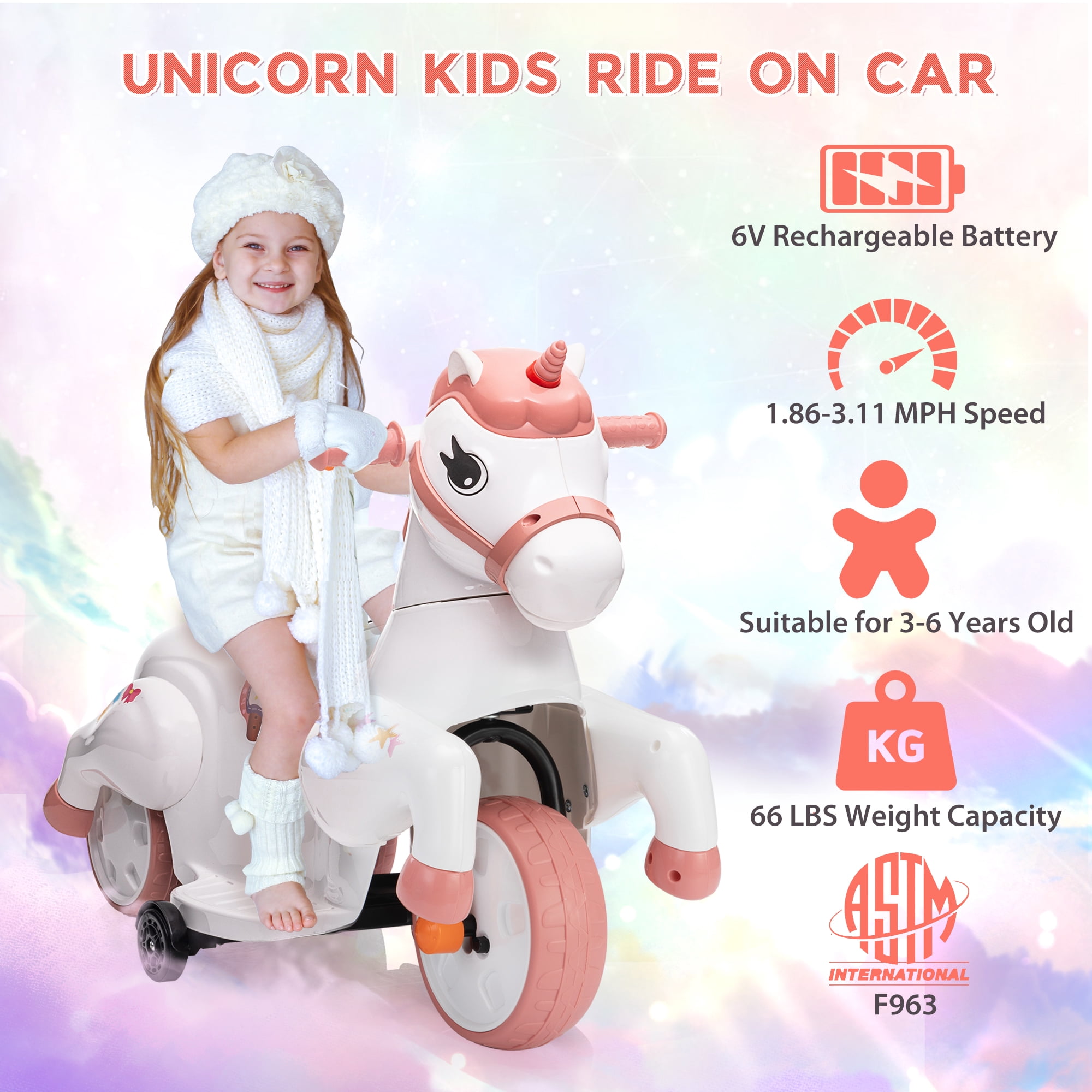 Jaxpety Ride on Unicorn,6V Electric Rocking Horse with Music,Charging Battery,Great Gift for Kids 3-6 Years Old,Pink