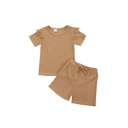 

Calsunbaby Summer Girls Outfit Ribbed Solid Color Fly Sleeve Pullover Tops Elastic Shorts Set