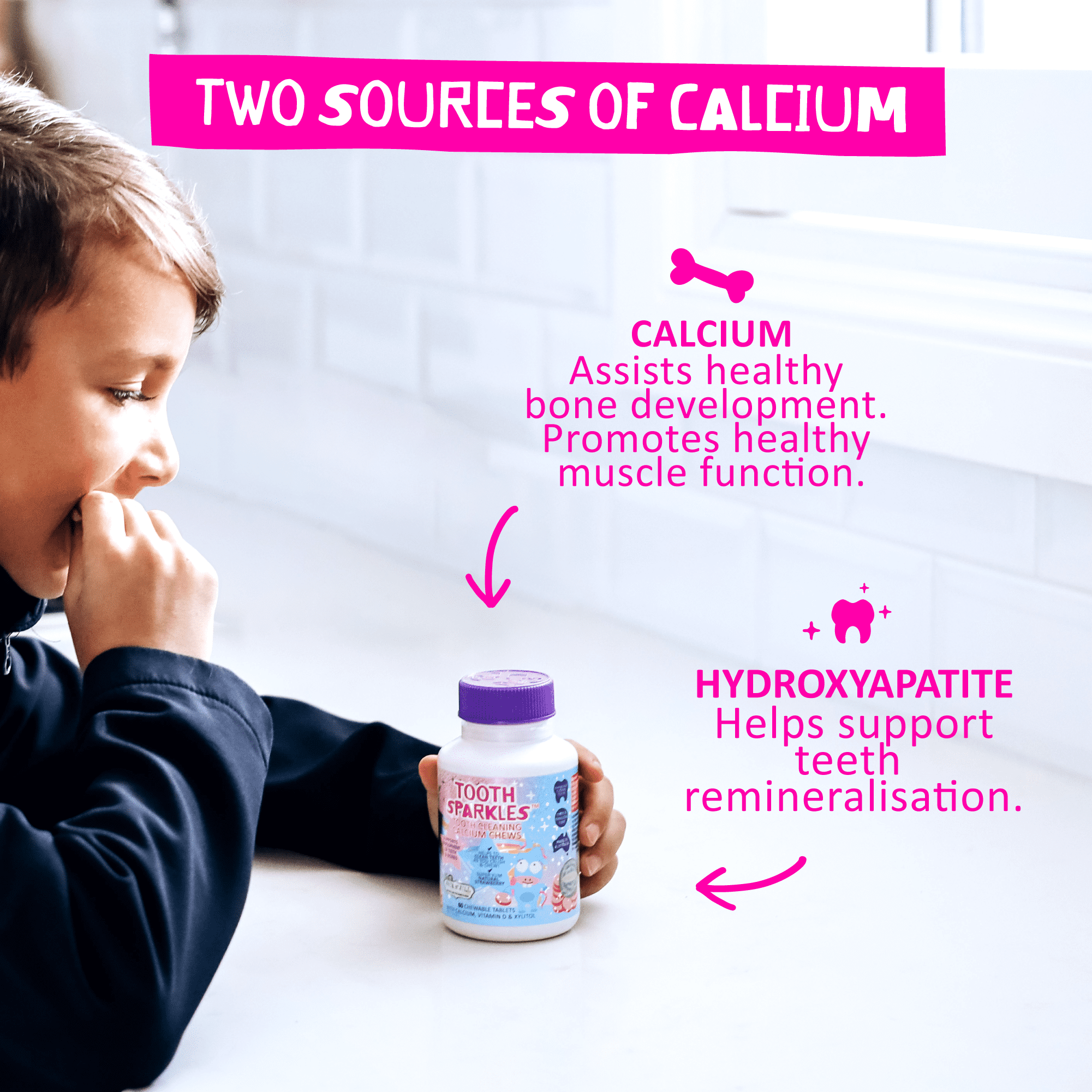 Jack N' Jill Tooth Sparkles - Tooth Cleaning Calcium Chews, Supports Teeth & Bone Development, Natural Flavors, with Xylitol, Vitamin D & Calcium, Sugar-Free - Natural Strawberry, 60 Tablets