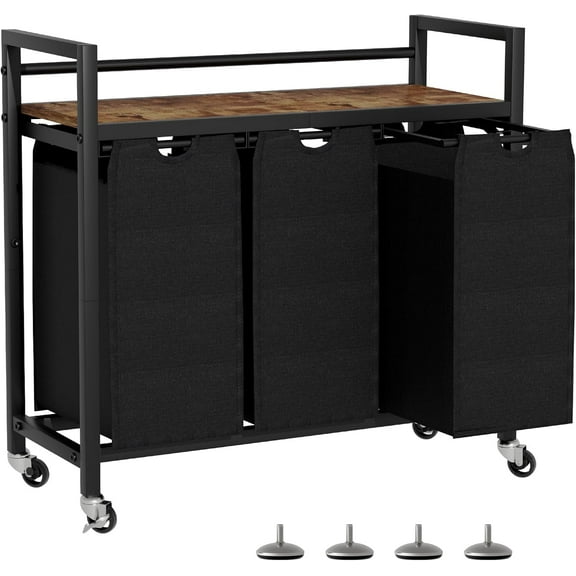 Laundry Hamper, Laundry Basket, Laundry Sorter with 3 Removable Bags, Clothes Basket with 3 Compartments, Wheels, Shelf for Laundry Room Bathroom Bedroom (3 Bags-Black)