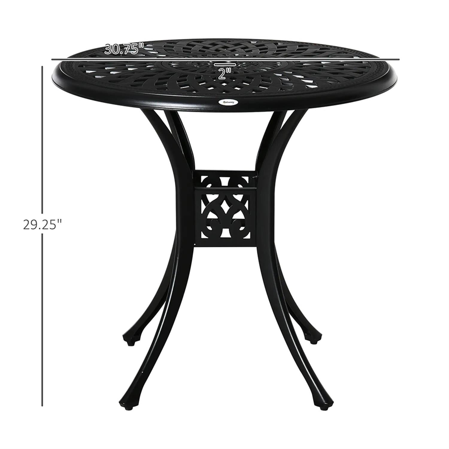 Demi Bonn 30" Outdoor Bistro Tables with Umbrella Hole, Antique Cast Aluminum Round Tempered Glass Metal Table for Backyard, Lawn, Balcony, Porch, Black