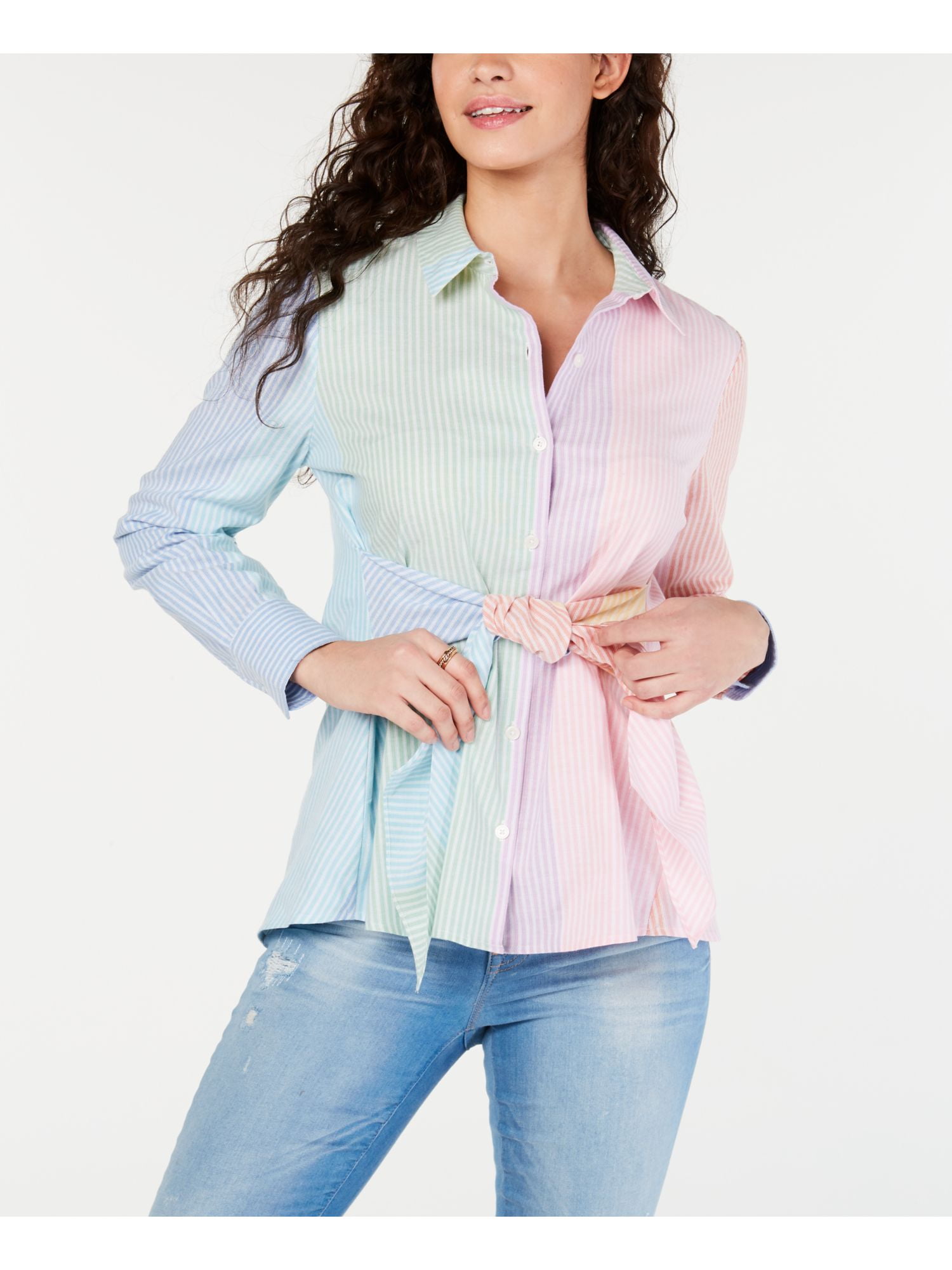 Tommy Hilfiger - TOMMY HILFIGER Womens Yellow Color Block Long Sleeve Collared Button Up Top 
