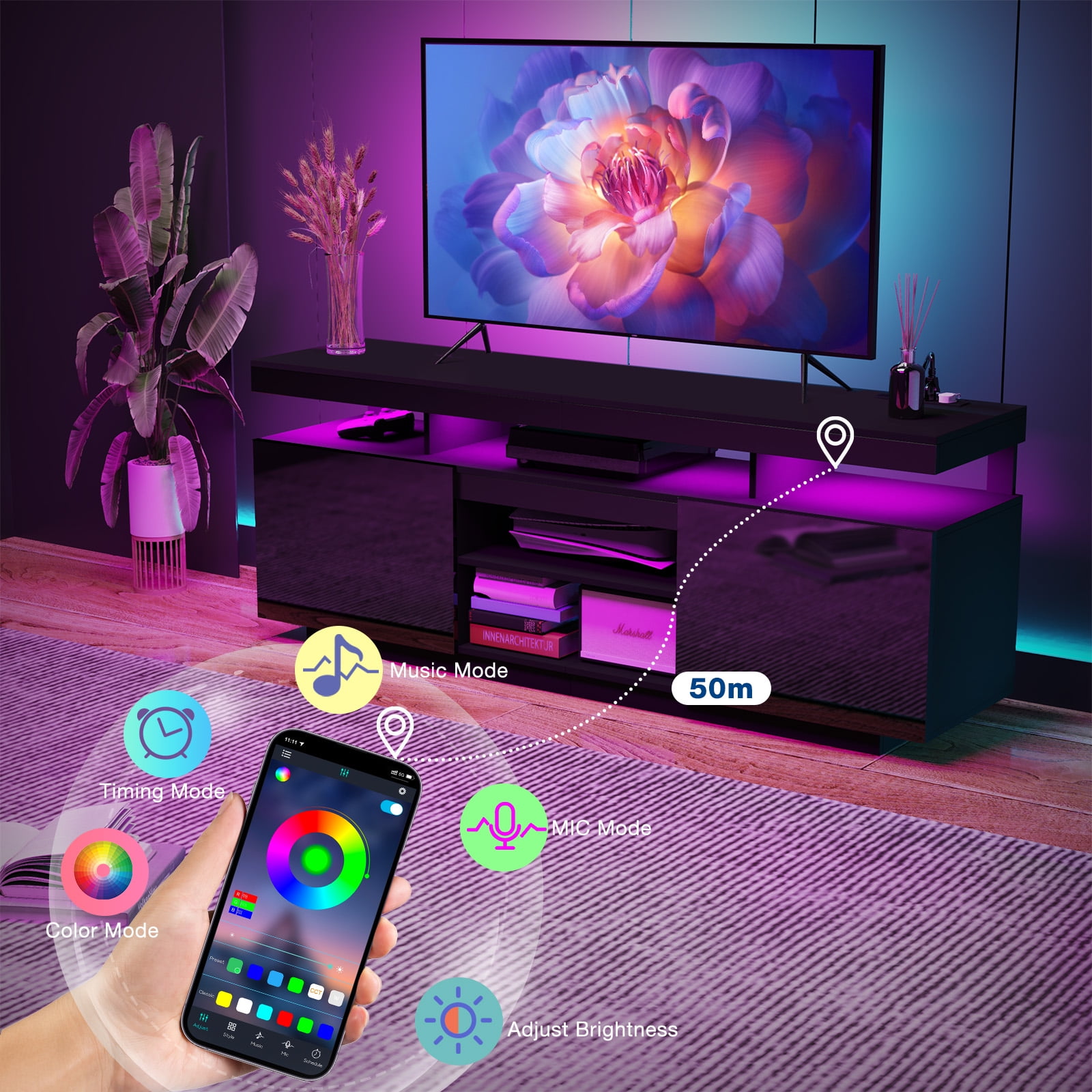 Hommpa LED TV Stand for TVs up to 70" with Power Outlets Modern Entertainment Center High Gloss Large TV Cabinet Adjustable Shelf PS5 Storage Gaming Media Console