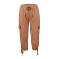 thumbnail image 3 of gbyLJF Womens Crop Cargo Pants Summer Loose Fit Athletic Running Capri Pants Solid Color Straight Leg Pants Brown XL, 3 of 4