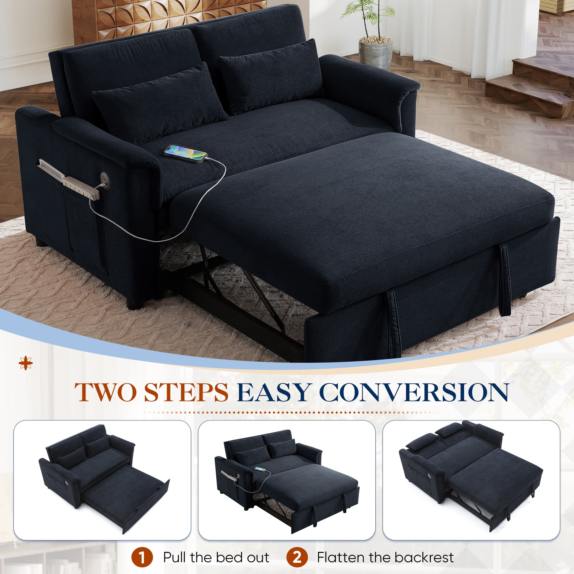 Lunale Convertible Sofa Bed with USB, 55" Loveseat Sleeper for Living Room, Apt, Black Velvet