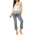 thumbnail image 3 of MODA NOVA Juniors 3/4 Sleeves Ruffle Mock Neck Sheer Lace Tops Ivory S, 3 of 7