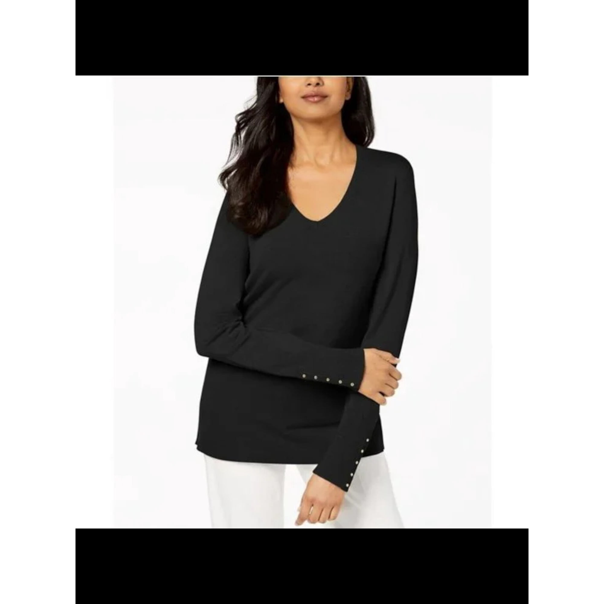 JM COLLECTION Womens Black Studded Long Sleeve V Neck Sweater XS Walmart