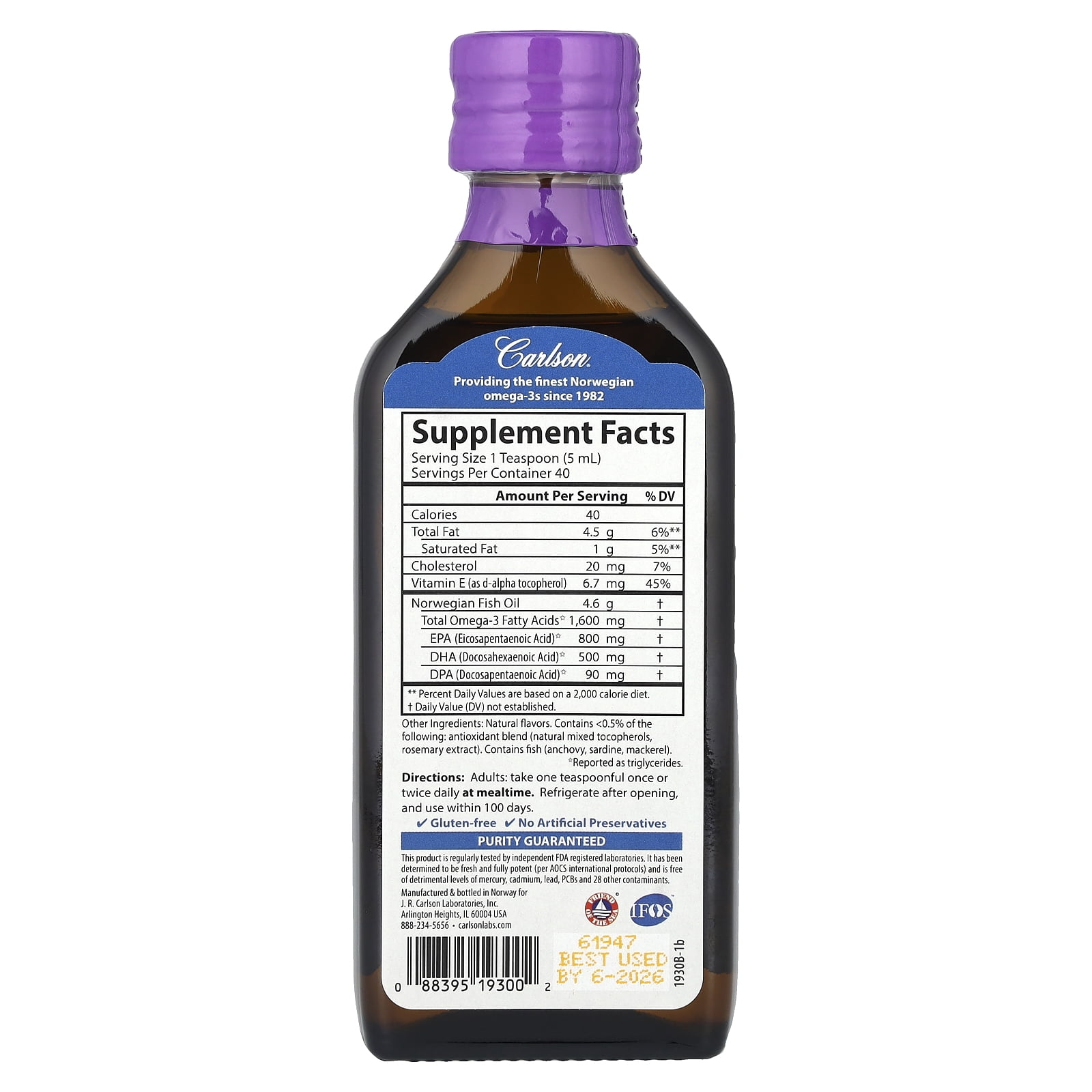 Carlson - The Very Finest Fish Oil, 1600 mg Omega-3s, Norwegian, Wild Caught, Sustainably Sourced, Mixed Berry, 200 mL (6.7 Fl Oz)