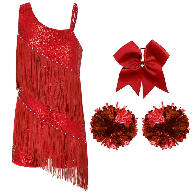 dPois Justaucorps à Franges pour Filles, Paillettes, Robe de Danse Latine, Léotard avec Accessoires, Ourlet à Franges, Tutu, Rouge 10