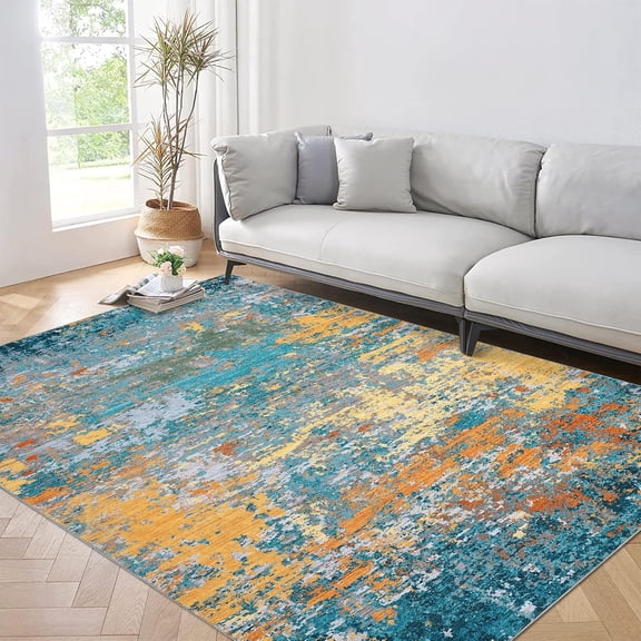 9x12 Modern Abstract Mottled Area Rug, Washable Non Slip Low Pile Soft Foldable Carpet for Living Room Bedroom,Gold blue