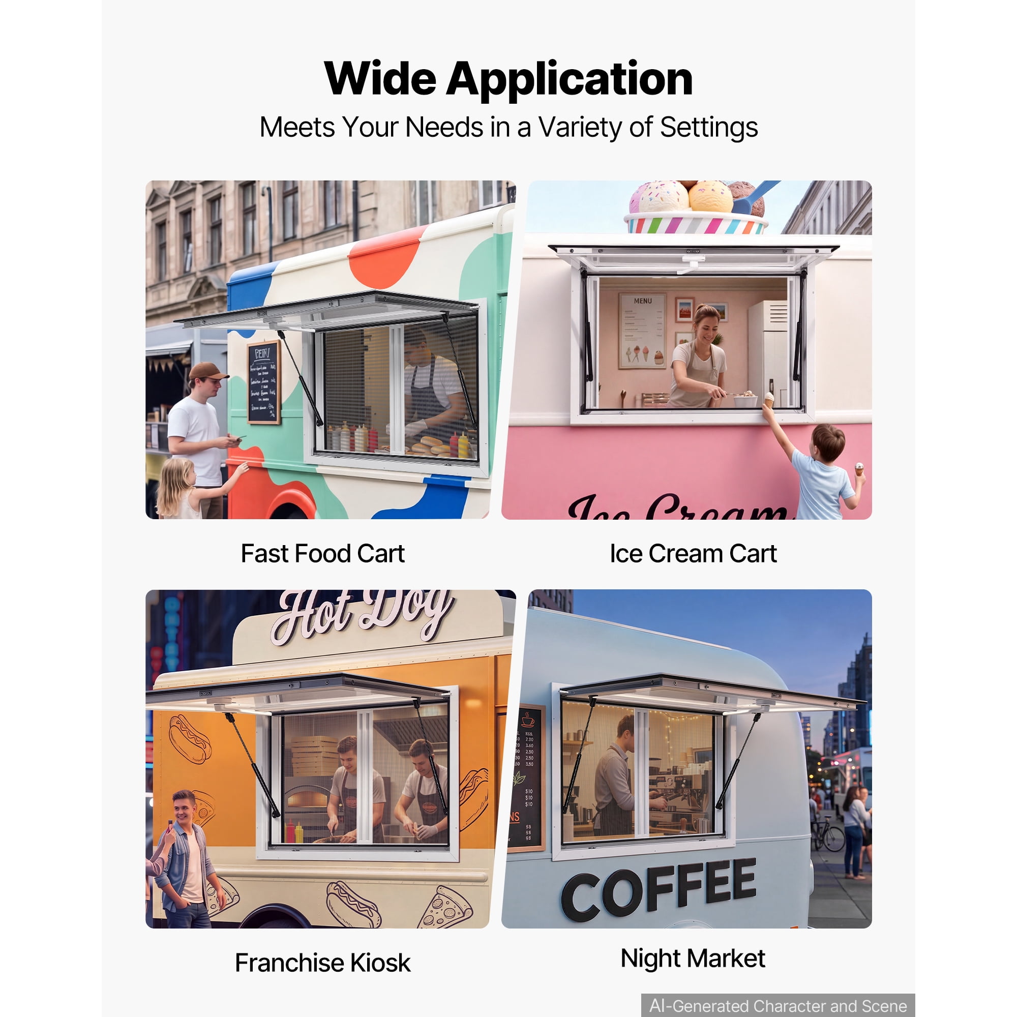 KFFKFF Concession Window 36x24 in Aluminum Alloy & Acrylic Service Window, Designed for Food Trucks, Features 85-Degree Stand Serving, Dual Sliding Screen Windows, Awning Door, Drag Hook.