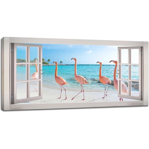 VELVET Flamingo Beach Ocean Large Wall Art Coastal Pictures Wall Decor Pink Flamingos Landscape 3d Window Big Canvas Prints Modern Painting Artwork for Hotel Bathroom Living Room 16x12inch Framed