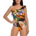 thumbnail image 2 of Picia Abstract Musical Faces Pattern Women's One Piece Swimsuits,One Shoulder Swimwear Asymmetric ,Ruffle Monokinis Bathing Suits,High Waisted Flattering Bathing Suits-Large, 2 of 8