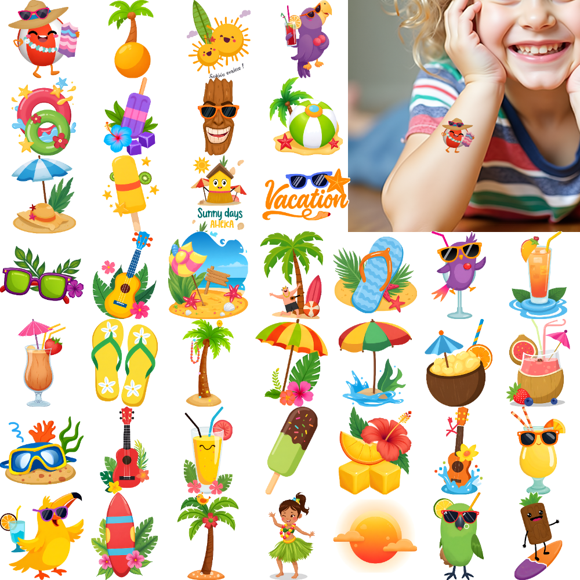 54 Temporary Tattoo Stickers Waterproof Long-lasting Body Stickers Hawaiian Beach Coconut Tree Ice Cream Swim Ring Kids Boys Girls Tattoo Stickers Arm Arm Shoulder Cheek