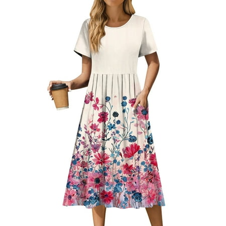 Biziza Casual Dresses for Women Floral Trendy Summer Short Sleeve Loose Beige Basic Vintage 2025 Elegant Dresses Cute Outerwear Lightweight Cotton Round Neck Stretch Polyester Corset Dress