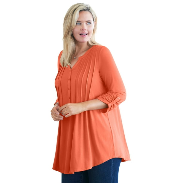 Woman Within Woman Within Women S Plus Size Pleated Henley Top 34 36 Pumpkin Orange Walmart Com Walmart Com