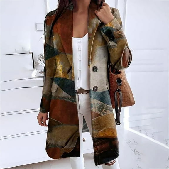 Tejiojio Jackets Clearance Women's Fashion Casual Autumn And Winter Vintage Print Long Woolen Coat Windbreaker Coat