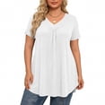thumbnail image 5 of Trendy V Neck Pleated T Shirts for Women Plus Size Short Sleeve Tops Comfortable Soft Solid Color Loose Fit Curved Hem Dressy Summer Tees White 5XL, 5 of 6