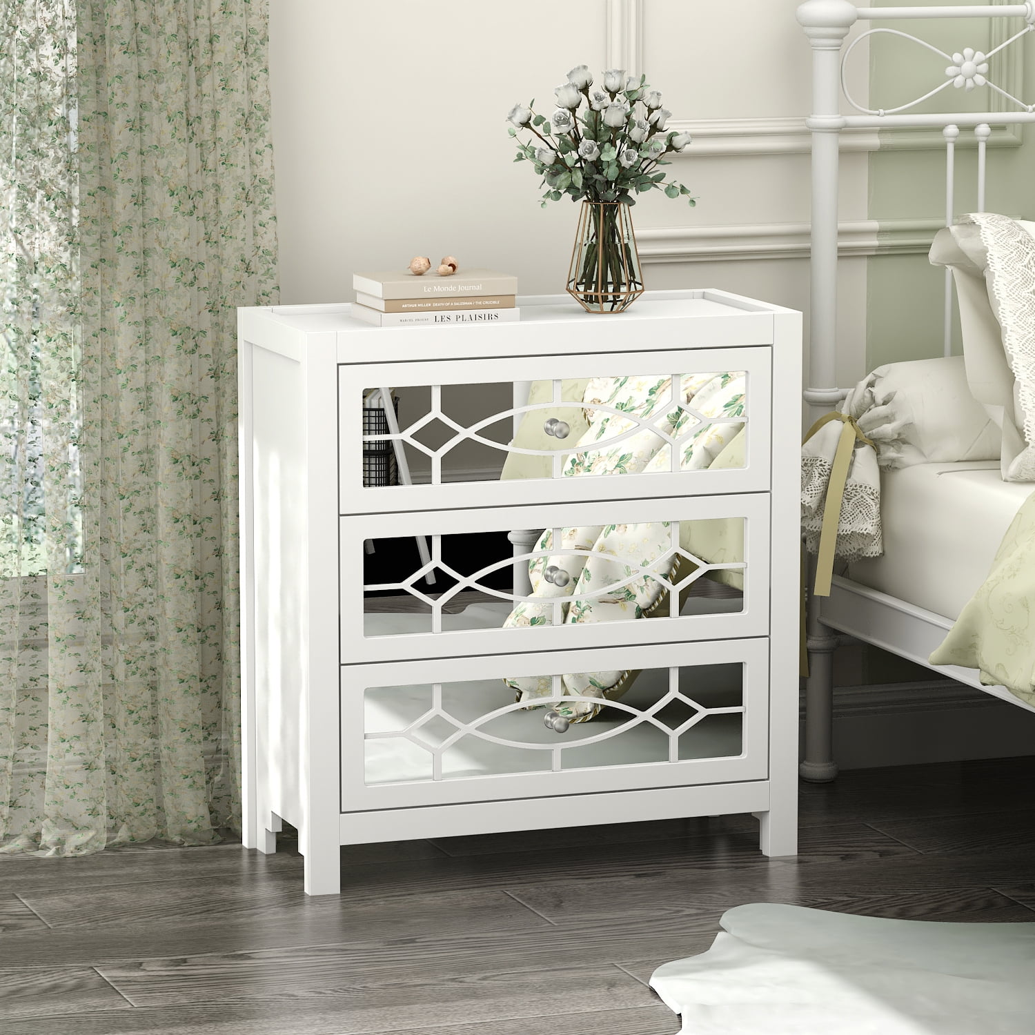 DiDuGo White Mirrored Nightstand Besides End Table for Bedroom/Living