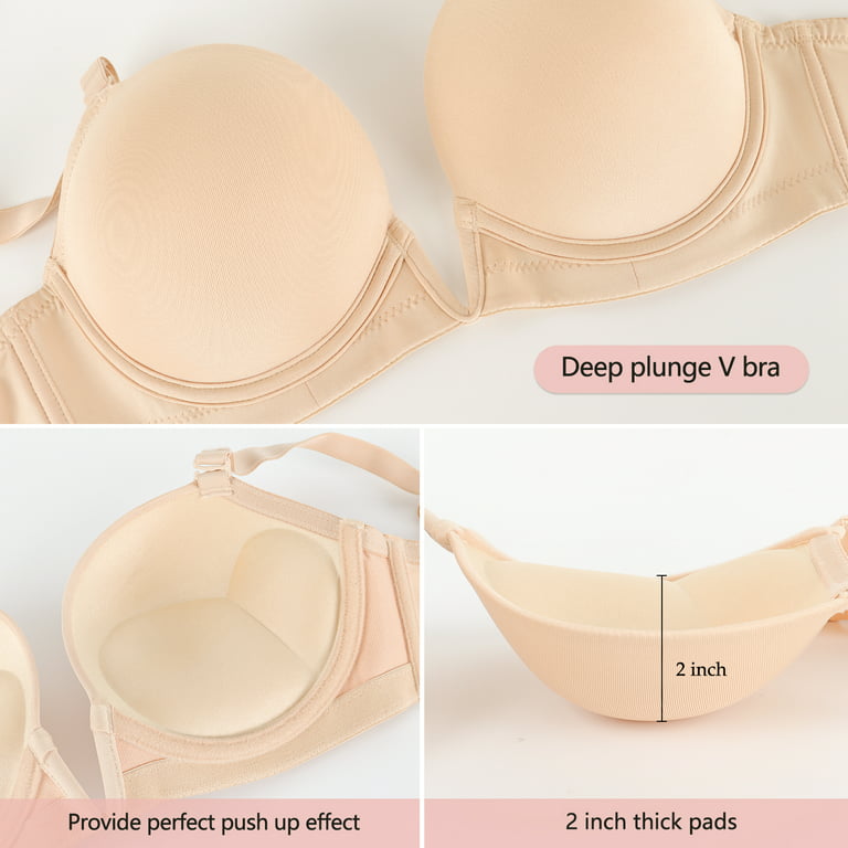 Yandw Women'S Deep V Plunge Padded Push Up Convertible Bra With Clear  Straps Low Cut Underwire Bra 