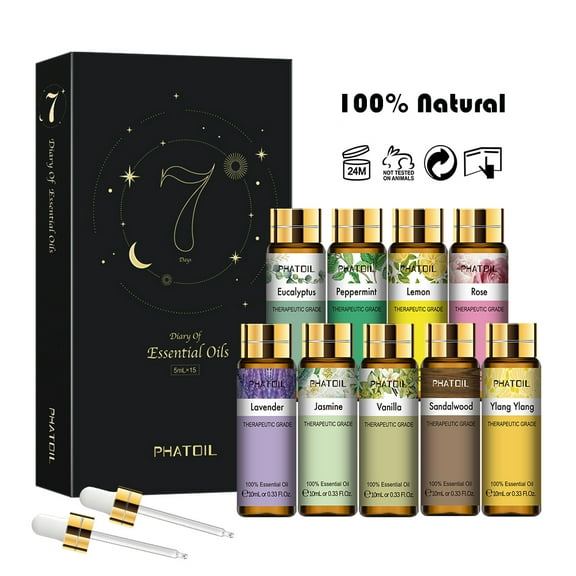 PHATOIL Premium Grade Essential Oils Set - Lavender, Eucalyptus, Ylang Ylang, Vanilla, Peppermint, Sandalwood, Jasmine, Lemon, Rose - 10ml