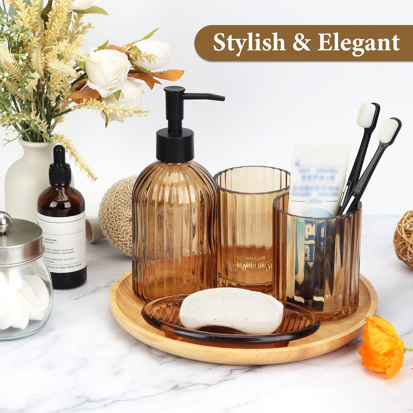 Bathroom Accessories Set, 4Pcs Bathroom Glass Soap Dispenser Set ,with Soap Dispenser , Soap Dish, Tumbler,Brown