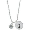 thumbnail image 1 of Delight Jewelry Silvertone Small Basketball with a AB Crystal Silvertone Script Initial Disc - T - Charm Necklace, 20"+3", 1 of 4