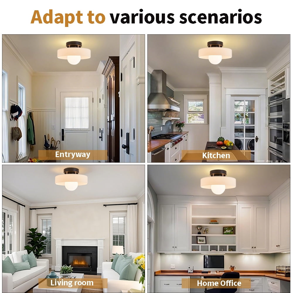 Mid-Century Modern Semi Flush Mount Ceiling Light, Kitchen Ceiling Light Fixture with Glass Shade,Vintage Close to Ceiling Lamp for Entryway Hallway Bathroom